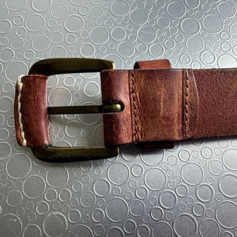 VTG County Seat Womens Brown Leather Belt L Western Whipstitch Brass Buckle